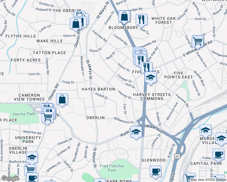 map of restaurants, bars, coffee shops, grocery stores, and more near 1025 Harvey Street in Raleigh