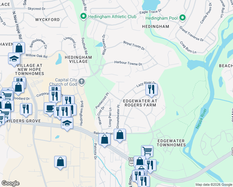 map of restaurants, bars, coffee shops, grocery stores, and more near 2205 Water Spray Drive in Raleigh