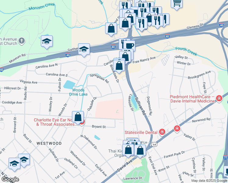 map of restaurants, bars, coffee shops, grocery stores, and more near 803 Oakdale Drive in Statesville