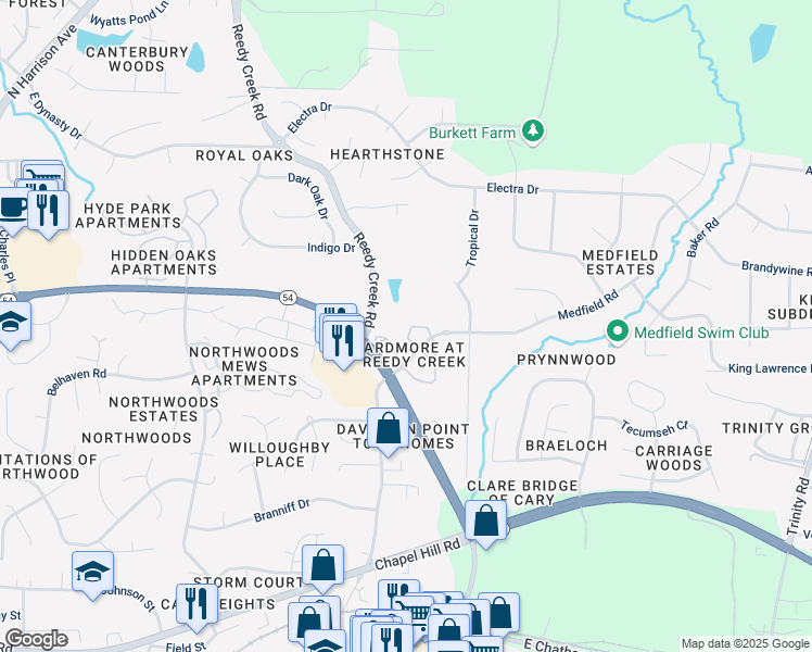 map of restaurants, bars, coffee shops, grocery stores, and more near 200 Dungarven Loop in Cary