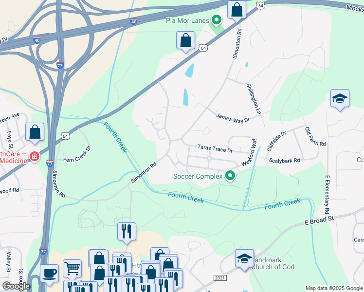 map of restaurants, bars, coffee shops, grocery stores, and more near 2004 Taras Trace Drive in Statesville