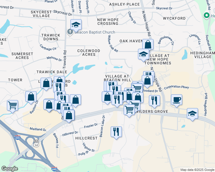 map of restaurants, bars, coffee shops, grocery stores, and more near 1504 Beacon Valley Drive in Raleigh