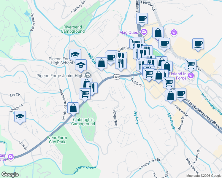 map of restaurants, bars, coffee shops, grocery stores, and more near 410 Big Bear Way in Pigeon Forge