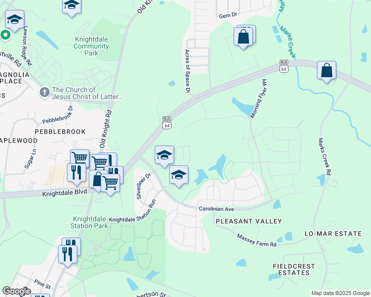 map of restaurants, bars, coffee shops, grocery stores, and more near 7816 Knightdale Boulevard in Knightdale