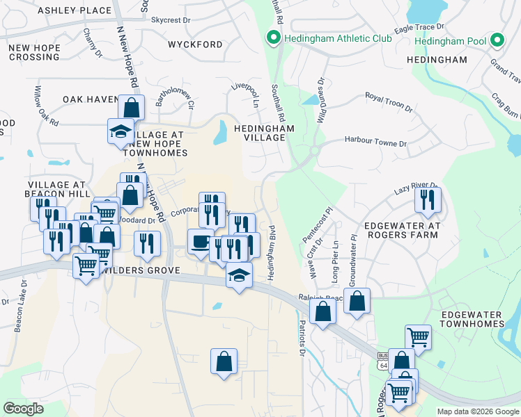 map of restaurants, bars, coffee shops, grocery stores, and more near 1501-1565 Hedingham Blvd in Raleigh