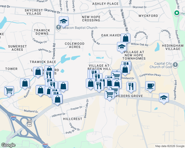 map of restaurants, bars, coffee shops, grocery stores, and more near 1509 Beacon Valley Drive in Raleigh