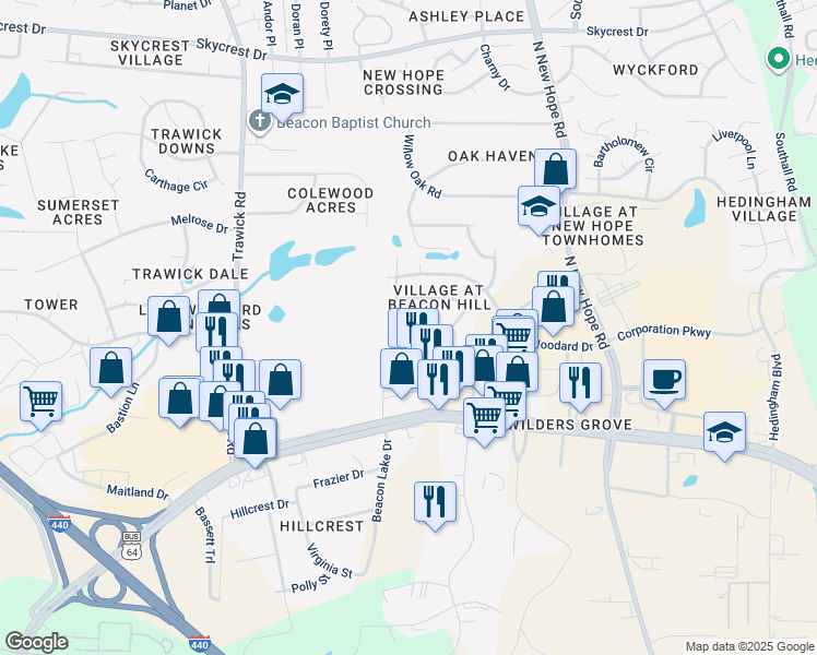map of restaurants, bars, coffee shops, grocery stores, and more near 1307 Beacon Village Drive in Raleigh