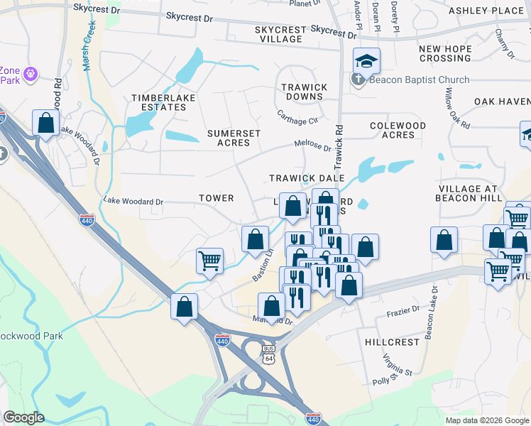 map of restaurants, bars, coffee shops, grocery stores, and more near 3505 Lake Woodard Drive in Raleigh