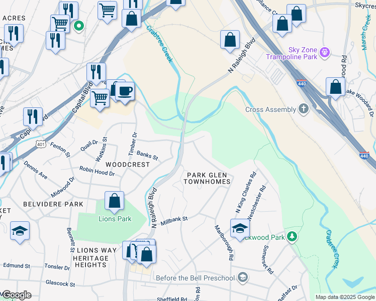 map of restaurants, bars, coffee shops, grocery stores, and more near 2263 Rumson Road in Raleigh