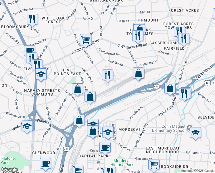 map of restaurants, bars, coffee shops, grocery stores, and more near 1513 Sunrise Avenue in Raleigh