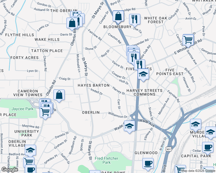 map of restaurants, bars, coffee shops, grocery stores, and more near 1025 Harvey Street in Raleigh