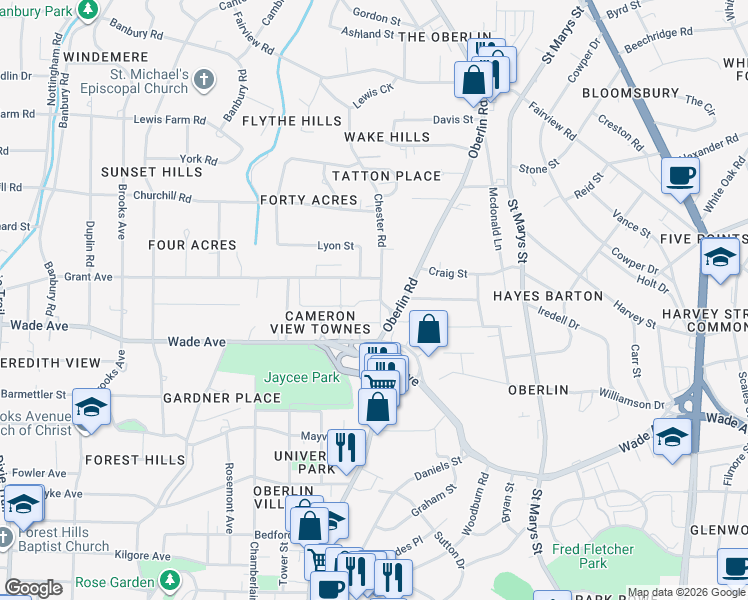 map of restaurants, bars, coffee shops, grocery stores, and more near 1333 Chester Road in Raleigh
