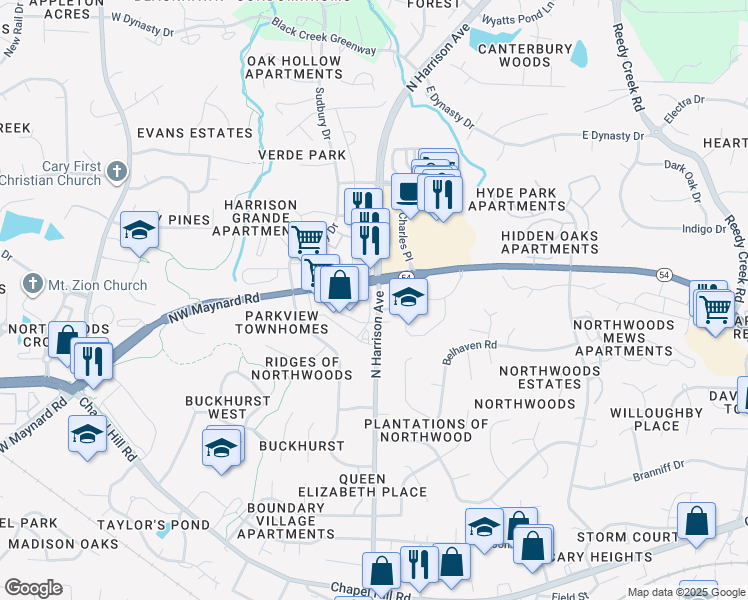 map of restaurants, bars, coffee shops, grocery stores, and more near 965 North Harrison Avenue in Cary