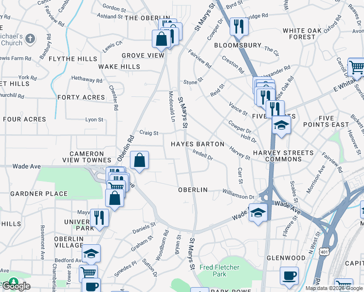 map of restaurants, bars, coffee shops, grocery stores, and more near 1701 Saint Marys Street in Raleigh