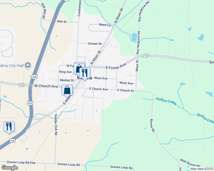 map of restaurants, bars, coffee shops, grocery stores, and more near 124 South Campbell Street in Medina