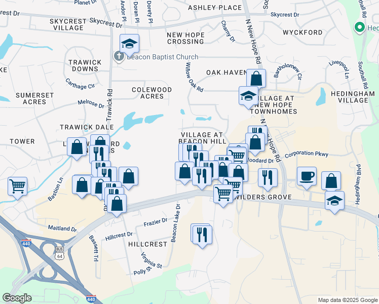 map of restaurants, bars, coffee shops, grocery stores, and more near 1311 Beacon Village Drive in Raleigh