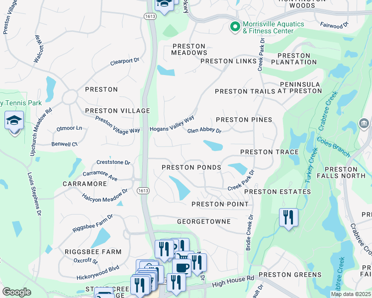map of restaurants, bars, coffee shops, grocery stores, and more near 423 Calderbank Way in Cary