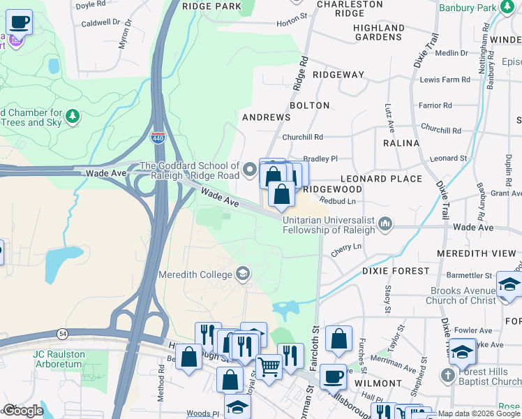 map of restaurants, bars, coffee shops, grocery stores, and more near in Raleigh