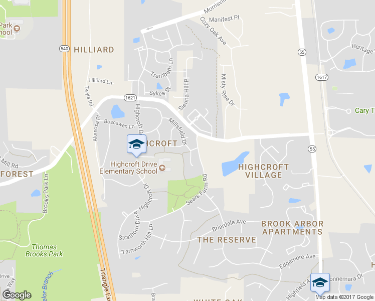 map of restaurants, bars, coffee shops, grocery stores, and more near 404 Millsfield Drive in Cary