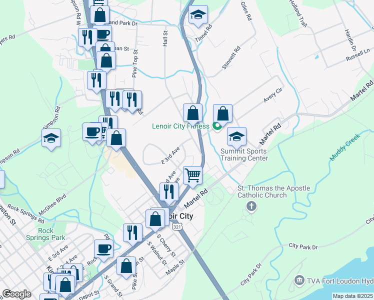 map of restaurants, bars, coffee shops, grocery stores, and more near 1316 East 2nd Avenue in Lenoir City