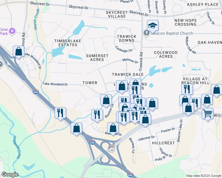 map of restaurants, bars, coffee shops, grocery stores, and more near 3507 Lake Woodard Drive in Raleigh
