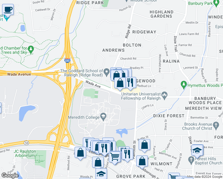 map of restaurants, bars, coffee shops, grocery stores, and more near 3600-3698 Wade Avenue in Raleigh