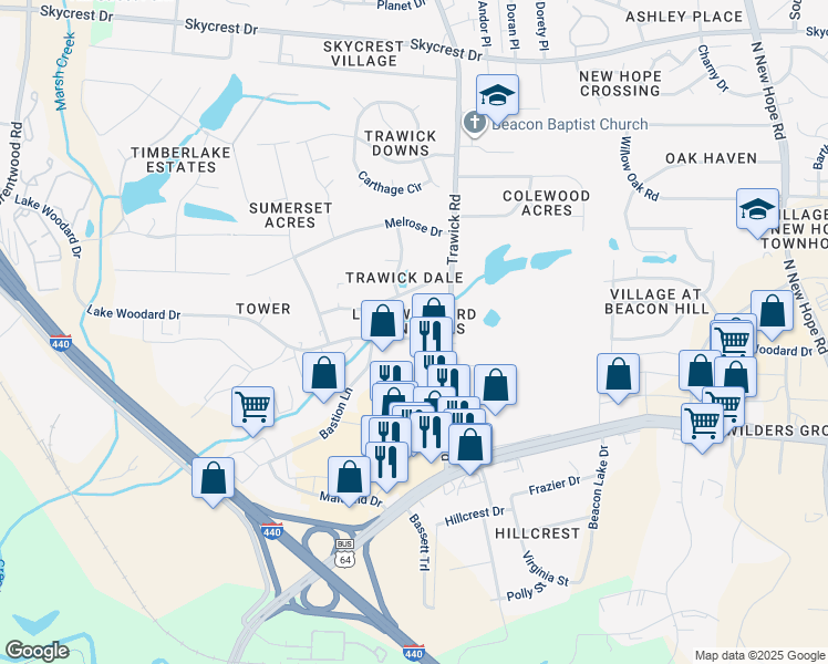 map of restaurants, bars, coffee shops, grocery stores, and more near 3710 Votive Lane in Raleigh