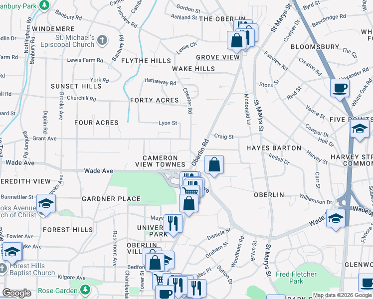 map of restaurants, bars, coffee shops, grocery stores, and more near 1333 Chester Road in Raleigh