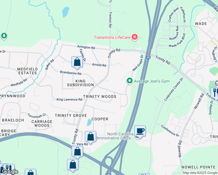 map of restaurants, bars, coffee shops, grocery stores, and more near 111 Brandywine Drive in Raleigh