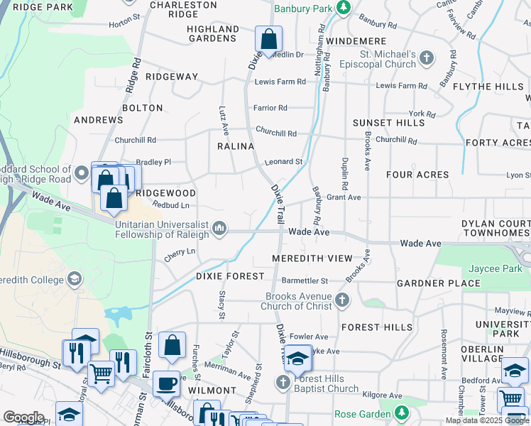 map of restaurants, bars, coffee shops, grocery stores, and more near 901 Dixie Trail in Raleigh