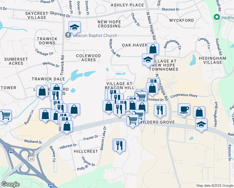 map of restaurants, bars, coffee shops, grocery stores, and more near 1333 Beacon Village Drive in Raleigh