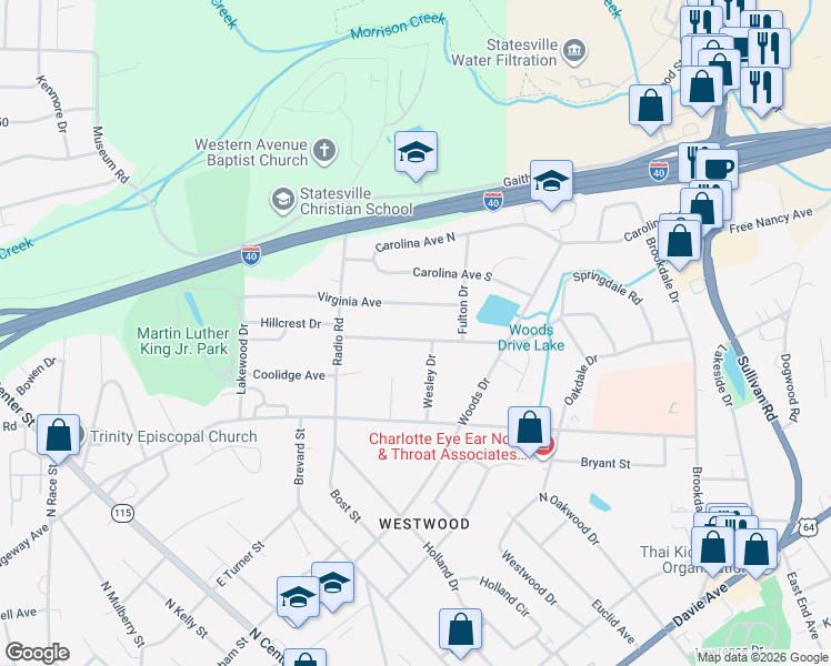 map of restaurants, bars, coffee shops, grocery stores, and more near 577 Georgia Avenue in Statesville