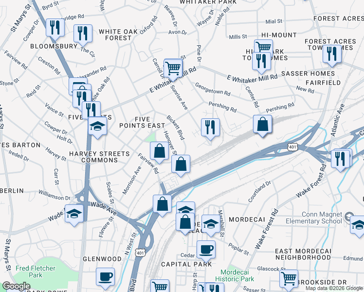 map of restaurants, bars, coffee shops, grocery stores, and more near 1617 Bickett Boulevard in Raleigh