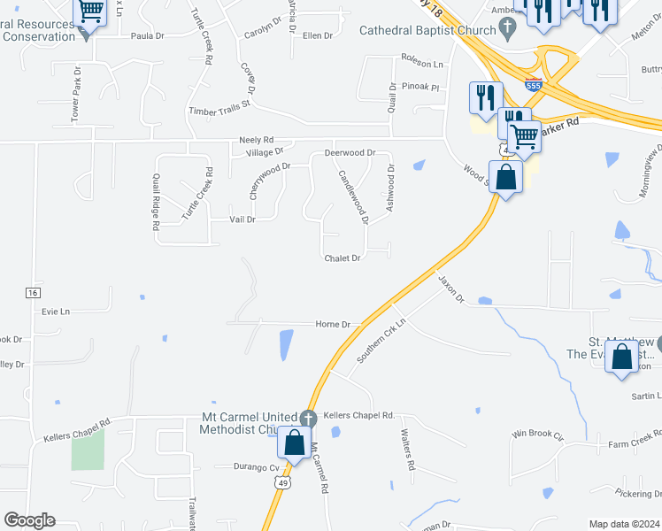 map of restaurants, bars, coffee shops, grocery stores, and more near 1903 Chalet Drive in Jonesboro