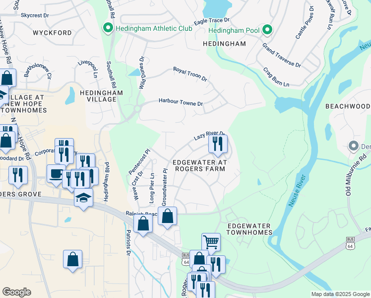 map of restaurants, bars, coffee shops, grocery stores, and more near 2226 Lazy River Drive in Raleigh