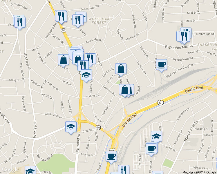 map of restaurants, bars, coffee shops, grocery stores, and more near 1602 Fairview Road in Raleigh