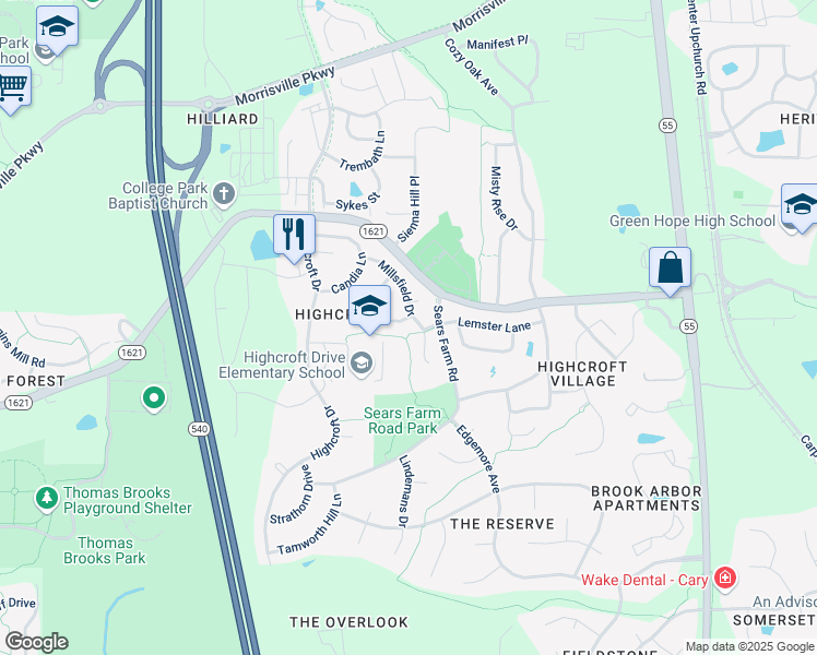 map of restaurants, bars, coffee shops, grocery stores, and more near 404 Millsfield Drive in Cary
