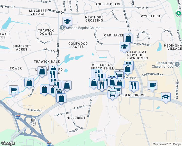 map of restaurants, bars, coffee shops, grocery stores, and more near 1509 Beacon Valley Drive in Raleigh