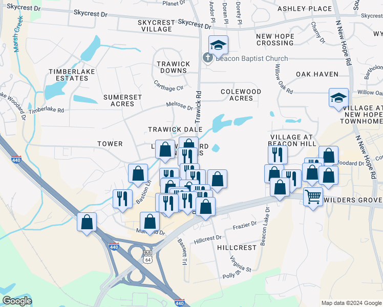 map of restaurants, bars, coffee shops, grocery stores, and more near 3750 Votive Lane in Raleigh