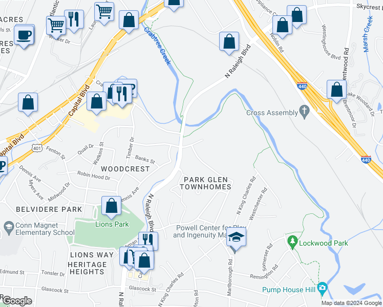 map of restaurants, bars, coffee shops, grocery stores, and more near 2263 Rumson Road in Raleigh