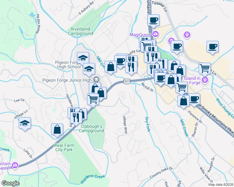 map of restaurants, bars, coffee shops, grocery stores, and more near 249 Wears Valley Road in Pigeon Forge