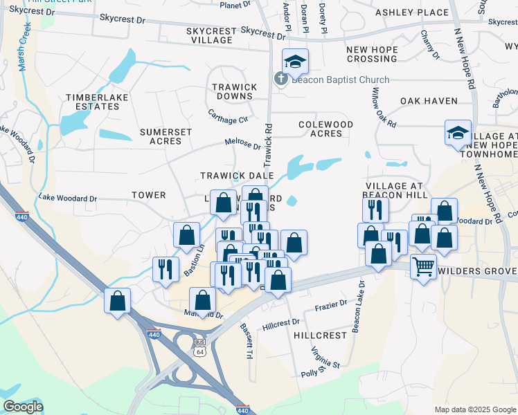map of restaurants, bars, coffee shops, grocery stores, and more near 3750 Votive Lane in Raleigh