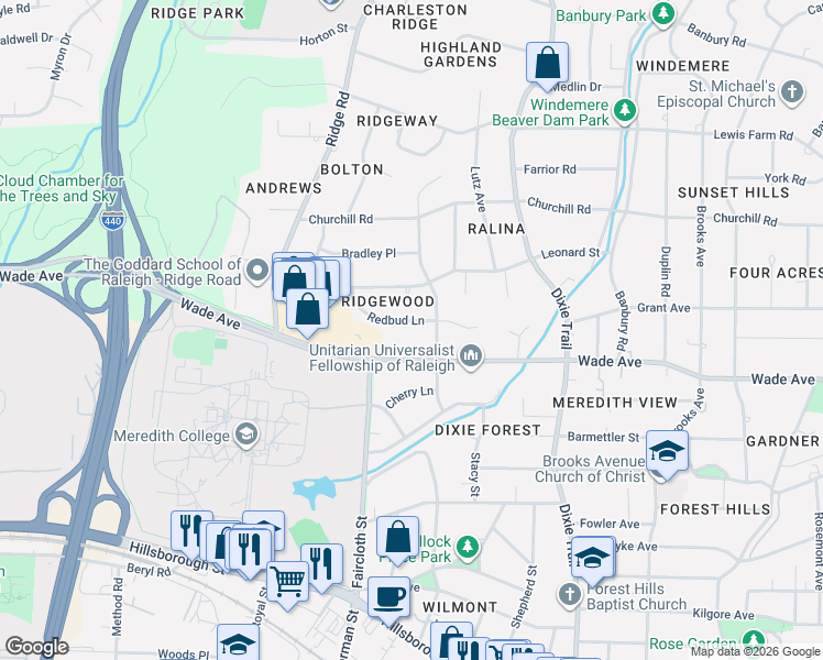 map of restaurants, bars, coffee shops, grocery stores, and more near 3419 Redbud Lane in Raleigh