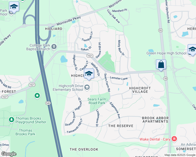 map of restaurants, bars, coffee shops, grocery stores, and more near 404 Millsfield Drive in Cary