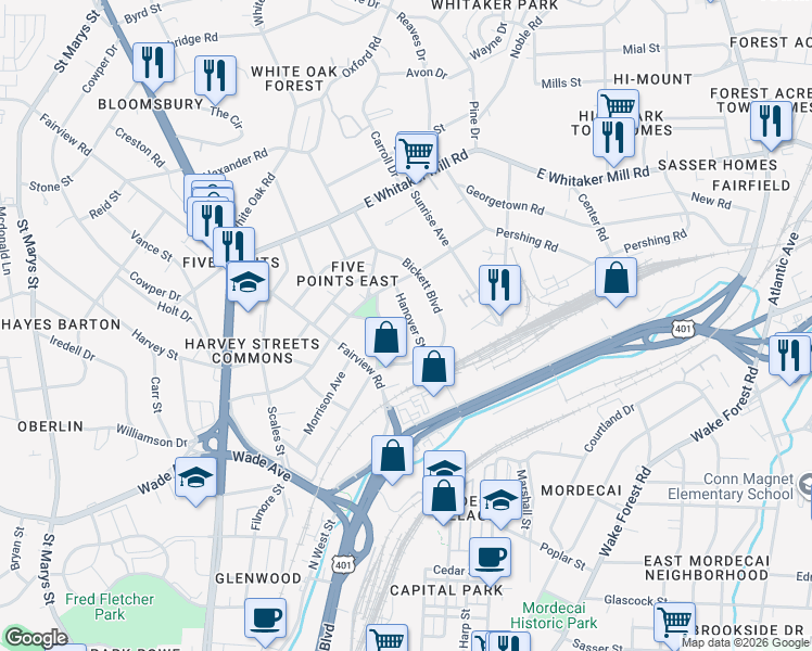 map of restaurants, bars, coffee shops, grocery stores, and more near 1515 Hanover Street in Raleigh