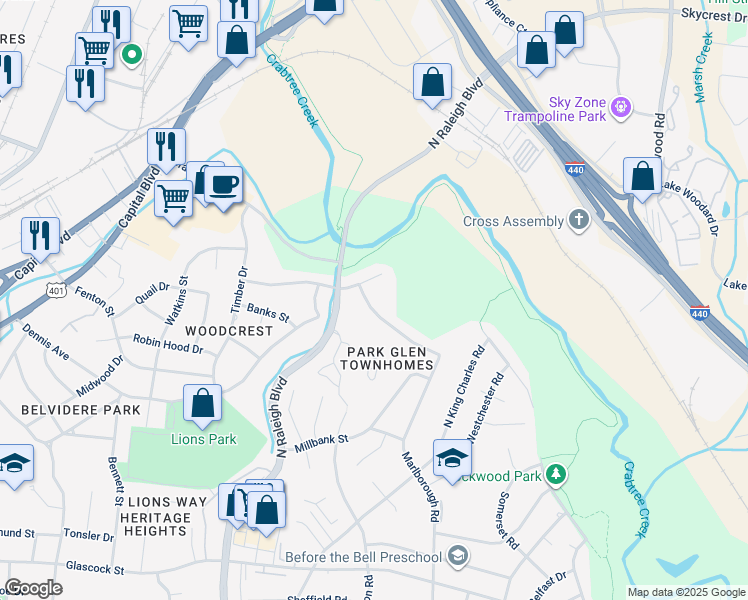 map of restaurants, bars, coffee shops, grocery stores, and more near 2256 Rumson Road in Raleigh
