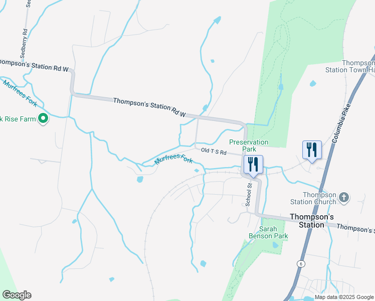 map of restaurants, bars, coffee shops, grocery stores, and more near Old T S Rd in Thompson's Station