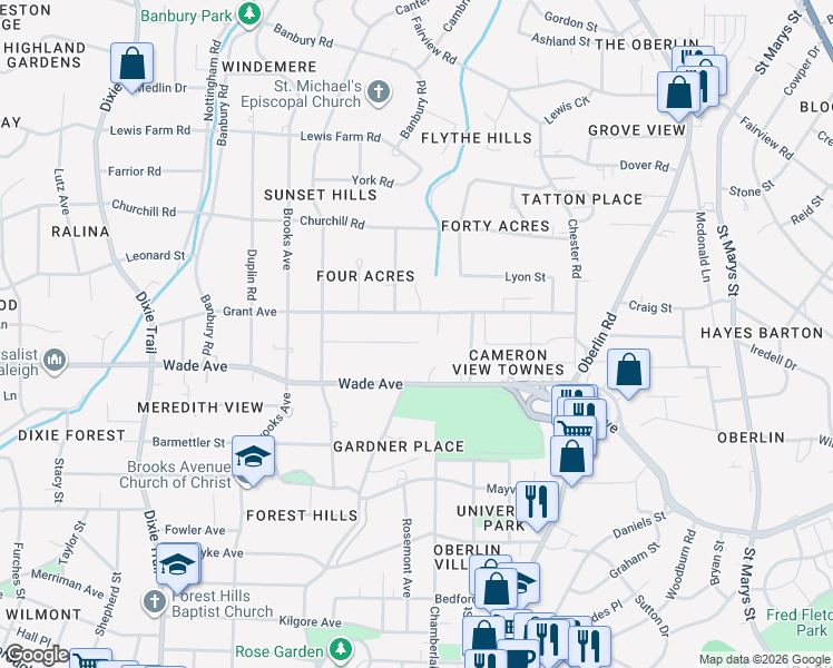map of restaurants, bars, coffee shops, grocery stores, and more near 2602 Wells Ave in Raleigh