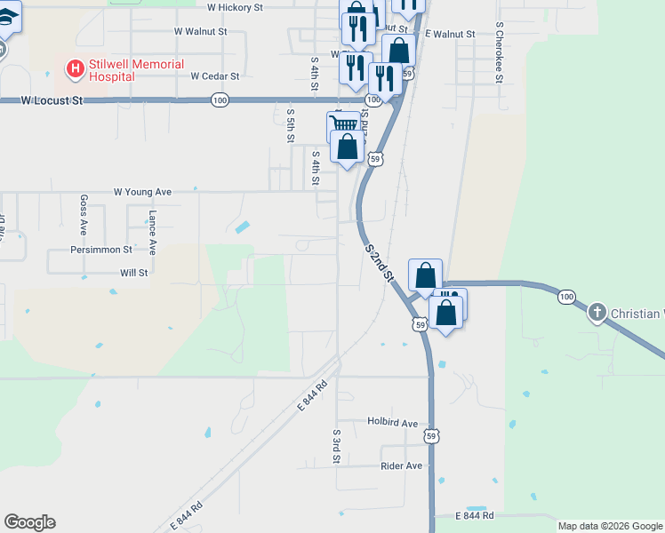 map of restaurants, bars, coffee shops, grocery stores, and more near 1303 South 3rd Street in Stilwell