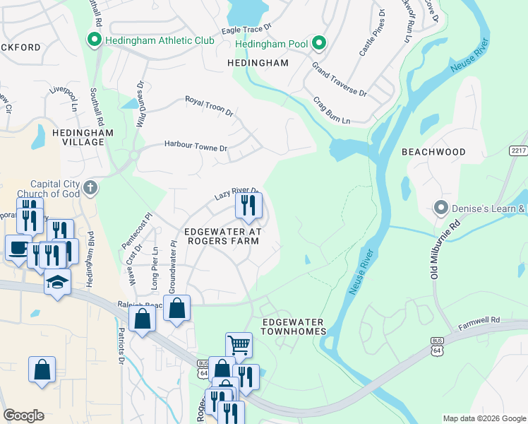 map of restaurants, bars, coffee shops, grocery stores, and more near 2348 Lazy River Drive in Raleigh
